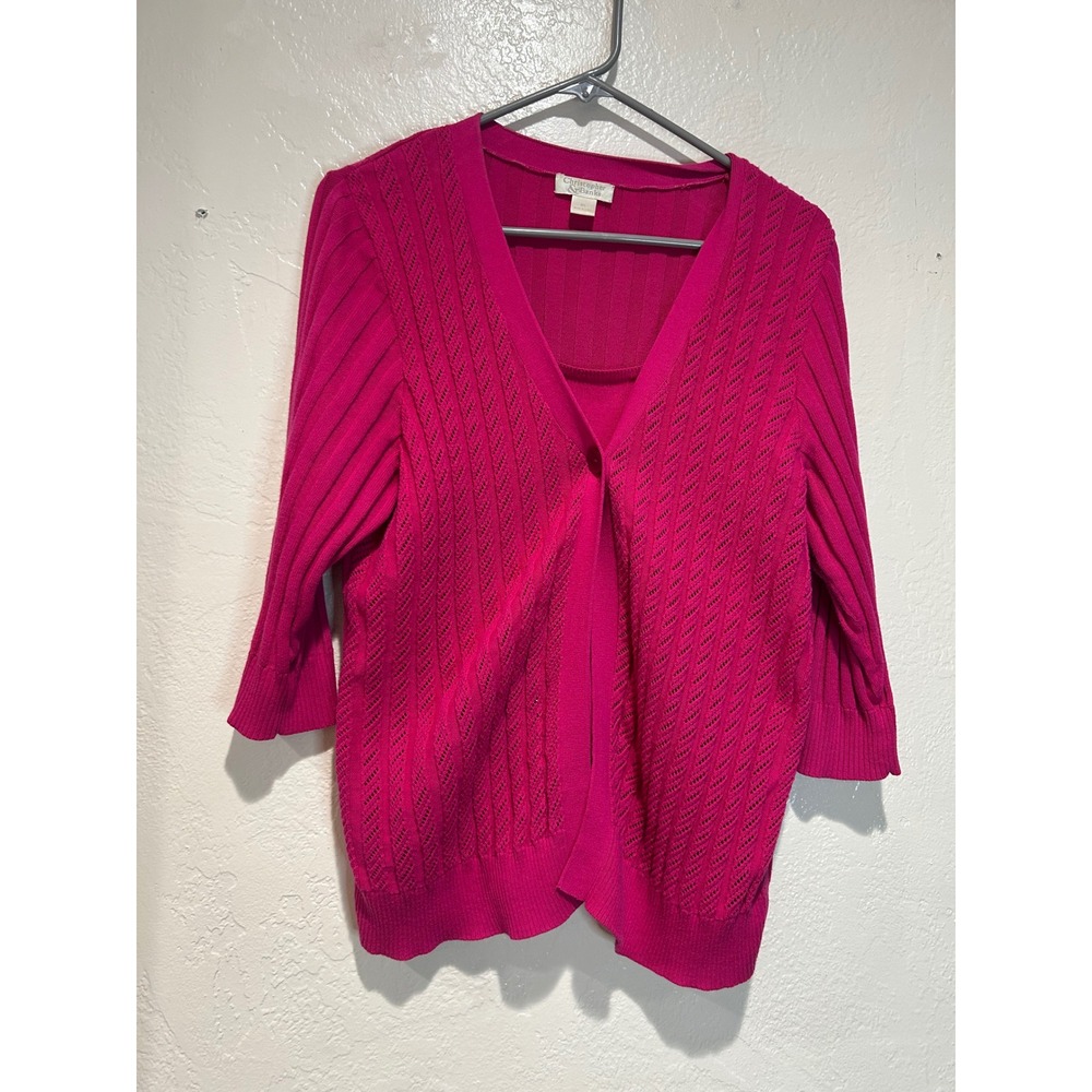 Christopher & Banks Womens XL Pink Ribbed Pointelle 3/4 Sleeve‎ Cotton Cardigan